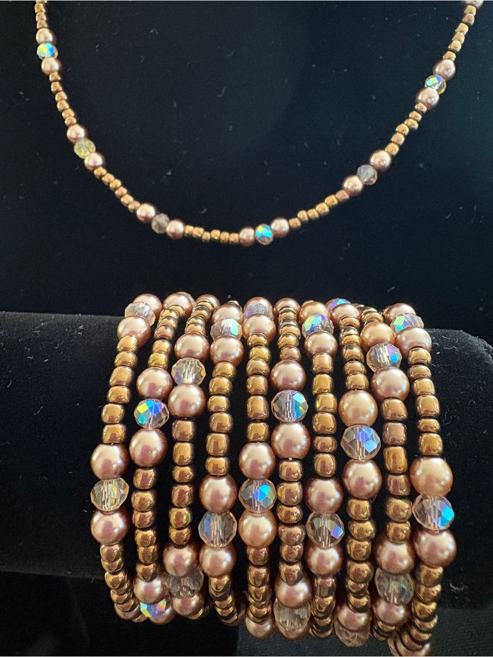 Gold brown and Rose Pearl Beaded Bracelet and necklace Set